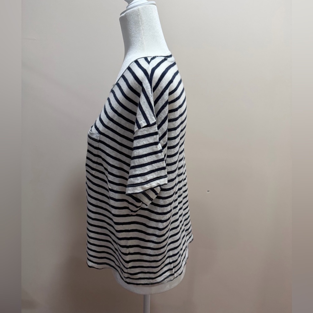 Faherty Navy & White Striped Sonoma 100% Linen Pocket Short Sleeve Tee Top Sz. M - Picture 4 of 8